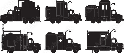 Black Solid Mobile Emergency Shower Truck Silhouettes Set of Six on White Background