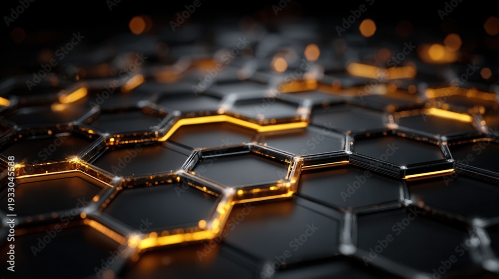 Obraz premium Geometric hexagon pattern with a mix of metallic and matte textures, modern abstract background with depth and contrast.