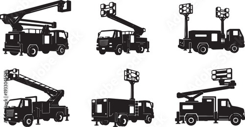 Black Solid Mobile Light Tower Truck Silhouettes Set of Six on White Background
