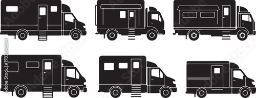 Black Solid Mobile Medical Clinic Truck Silhouettes Set of Six on White Background