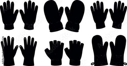 Flat vector glove silhouettes set eight winter mittens fingerless gloves palm back views isolated black icons simple warm accessory clothing