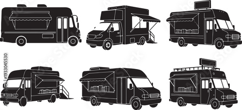 Black Solid Mobile Library Truck Silhouettes Set of Six on White Background