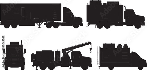 Black Solid Mobile Power Distribution Truck Silhouettes Set of Six on White Background