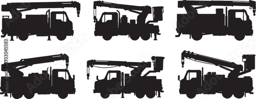 Black Solid Mobile Repair Truck Silhouettes Set of Six on White Background