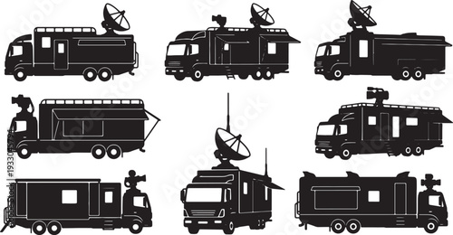 Black Solid Mobile Video Production Truck Silhouettes Set of Six on White Background