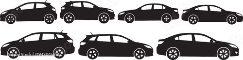 Black Solid Modern Compact Car Silhouettes Set of Six on White Background
