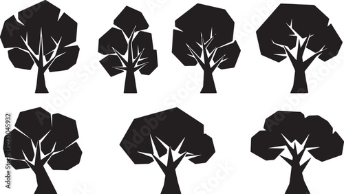 Black Solid Modern Abstract Tree Silhouettes Set of Six on White Background