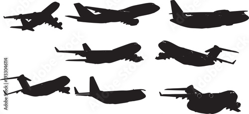 Black Solid Modern Transport Planes Silhouettes Set of Six on White Background
