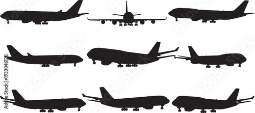 Black Solid Modern Wide-Body Passenger Jets Silhouettes Set of Six on White Background
