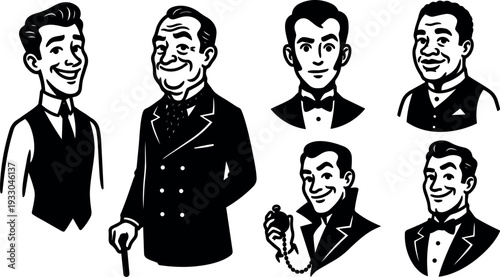 Retro vector portraits of seven smiling gentlemen in tuxedos and vests holding cane and pocket watch closeup three quarter monochrome