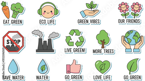 Set of cute kawaii eco friendly stickers with green lifestyle icons and sustainability quotes isolated on white background for environmental awareness and nature projects.