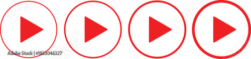 Play Button Icon Set – Red Media Player Circle Buttons for Video, Audio & Streaming Apps