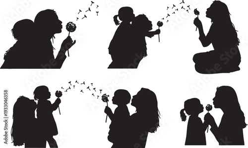 Black Solid Mother Child Blowing Dandelion Silhouettes Set of Six on White Background