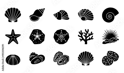 Black Silhouette Seashell and Ocean Nature Icon Set
