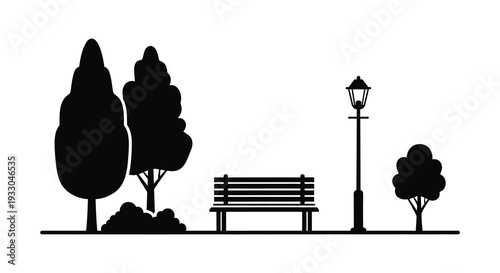 Simple black and white illustration of a park scene with trees and a bench