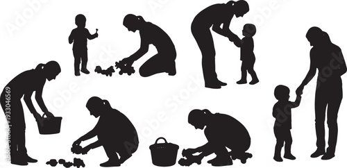 Black Solid Mother Child Cleaning Toys Silhouettes Set of Six on White Background