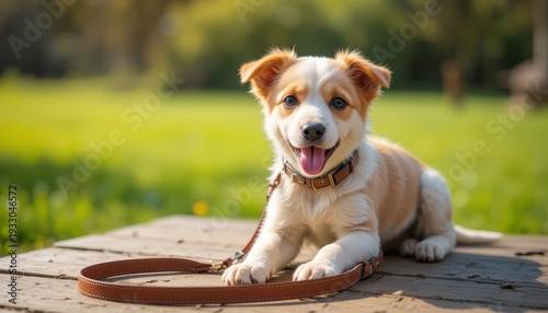 Adorable brown and white puppy with a collar and leash lying on a wooden deck. The small dog is smiling in a sunny park with a green background.