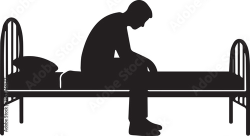 A lone figure resting on a hospital bed in a minimalist silhouette style.