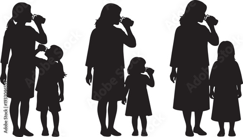 Black Solid Mother Child Drinking Silhouettes Set of Six on White Background