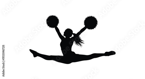 Silhouette of a cheerleader performing a split jump with pom poms