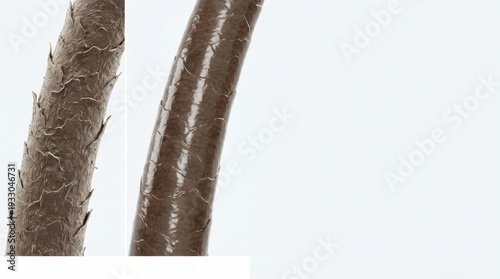 Microscopic view of healthy and damaged human hair cuticles displaying different scale conditions