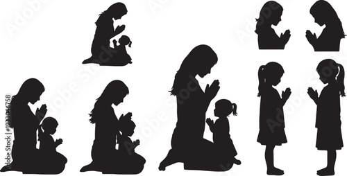 Black Solid Mother Carrying Groceries Silhouettes Set of Six on White Background