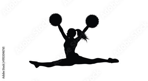 Silhouette of a cheerleader performing a split jump with pom poms raised