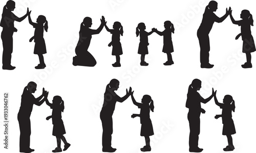 Black Solid Mother Child High Five Silhouettes Set of Six on White Background