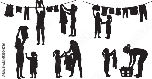 Black Solid Mother Child Hanging Clothes Silhouettes Set of Six on White Background