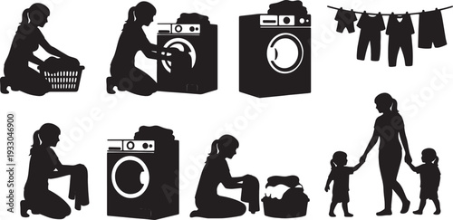 Black Solid Mother Doing Laundry Silhouettes Set of Six on White Background