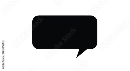 A stark black speech bubble graphic dominates a white background presenting a simple communication icon silhouette high quality professional