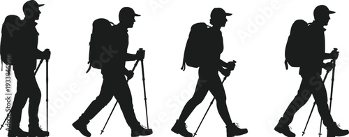 Silhouette illustration of hiker with backpack and trekking poles in multiple walking poses, representing outdoor adventure, hiking motion, fitness activity, and travel lifestyle design