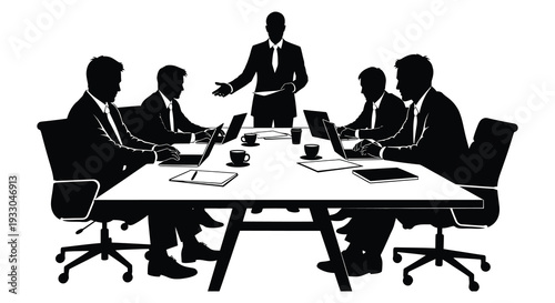 A silhouetted business meeting around a large conference table high quality