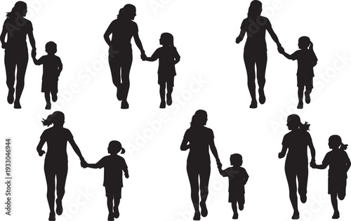 Black Solid Mother Child Running Silhouettes Set of Six on White Background