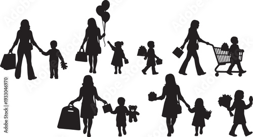 Black Solid Mother Child Shopping Silhouettes Set of Six on White Background