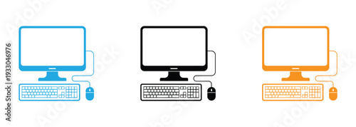  computer monitor icons with keyboard and mouse, technology setup for multitasking and design. Colorful computer sets with monitor, keyboard, and mouse in blue, black, orange. 