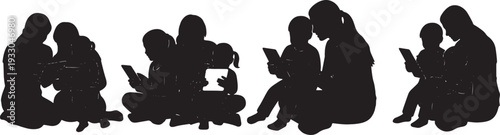 Black Solid Mother Child Using Tablet Silhouettes Set of Six on White Background