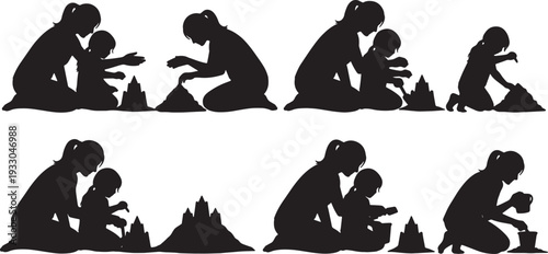 Black Solid Mother Child Sandcastle Silhouettes Set of Six on White Background