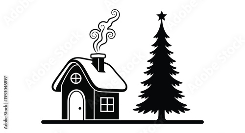 Simple black and white illustration of a house with a chimney and christmas tree