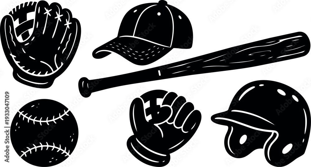 Fototapeta premium Flat design close up baseball equipment set with bat glove helmet cap ball and mitt top view high contrast vector