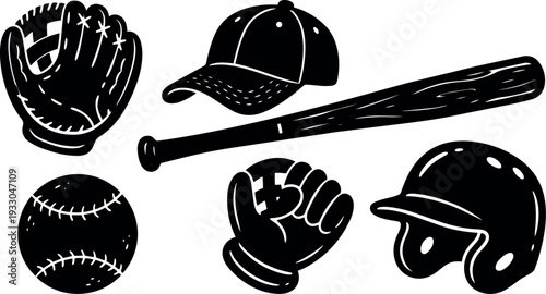 Flat design close up baseball equipment set with bat glove helmet cap ball and mitt top view high contrast vector