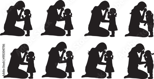 Black Solid Mother Comforting Crying Child Silhouettes Set of Six on White Background