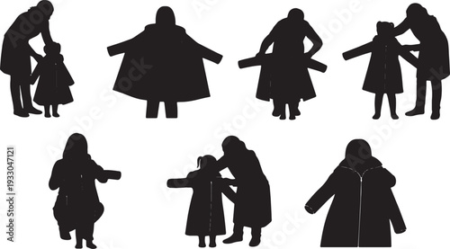 Black Solid Mother Dressing Child Silhouettes Set of Six on White Background