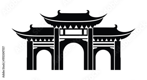 Stylized black silhouette of a traditional east asian temple gateway