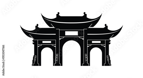 Stylized black silhouette of a traditional east asian temple gate