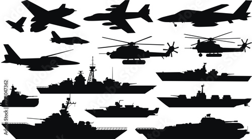 Silhouette illustration of military aircraft, helicopters, tanks, armored vehicles, and naval warships including battleships and aircraft carriers, symbolizing defense, combat, army equipment