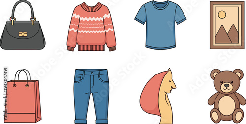 Casual Lifestyle and Clothing Set with Winter Sweater, Blue T-Shirt, Denim Jeans, Handbag, Shopping Bag, and Teddy Bear Vector.