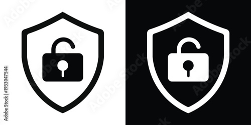Security shield icon featuring an open padlock. Symbol for unprotected data, system vulnerability, open access, or deactivated firewall protection.