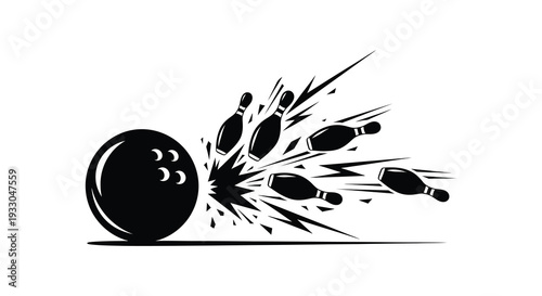 A black bowling ball strikes pins in a dynamic explosive vector illustration