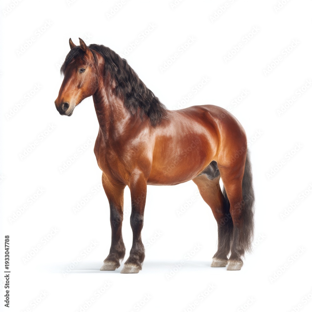 Obraz premium Majestic brown horse showcasing muscular build and flowing mane against a clean white background, ideal for equine-related themes